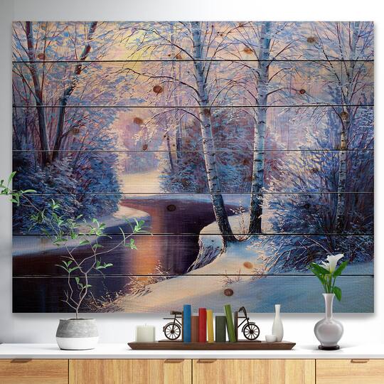 Designart - Winter Forest in River Sunset - Landscapes Painting Print on Natural Pine Wood
